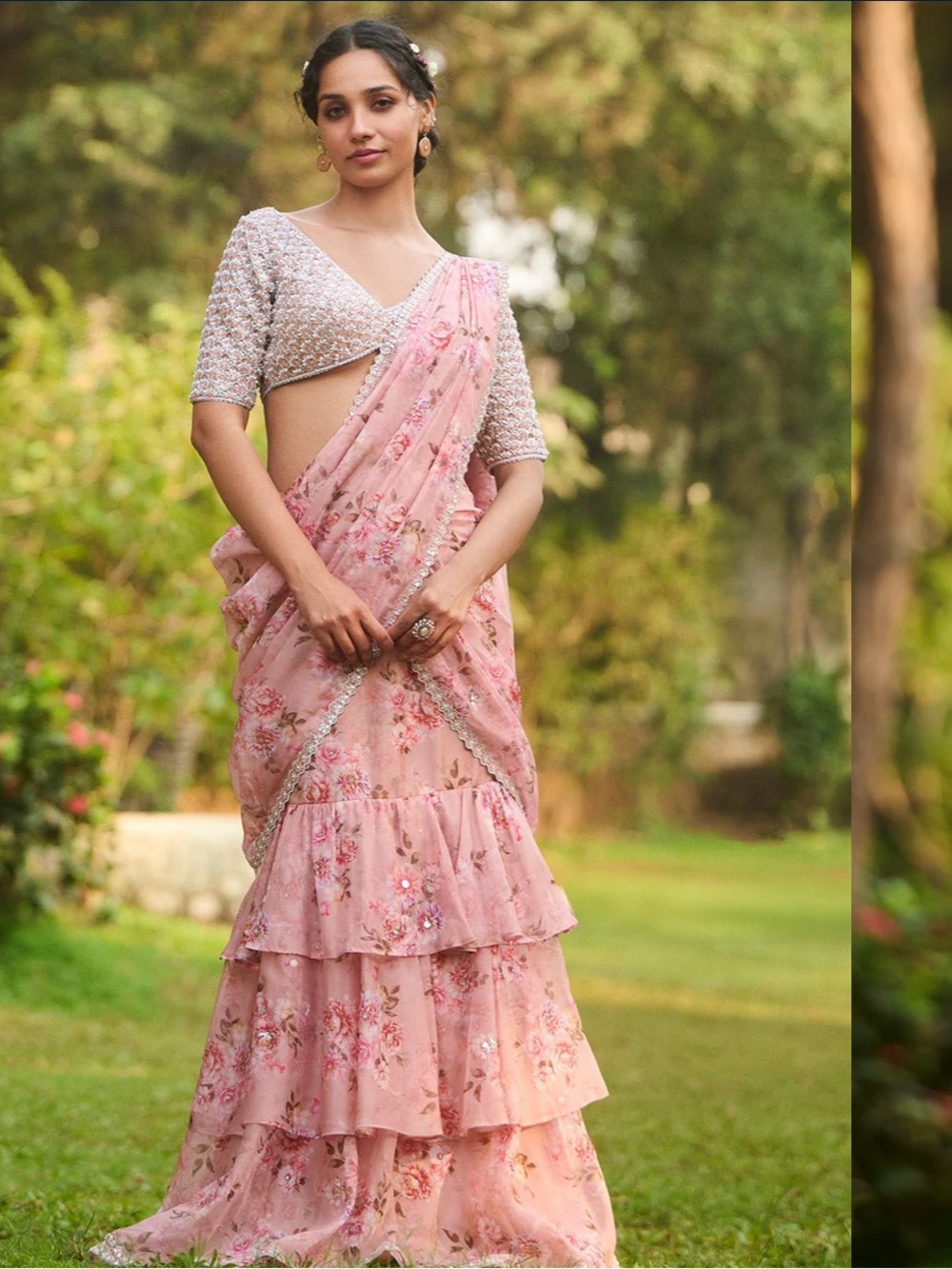 Blush Pink Floral Tiered Maxi Skirt with Delicate Embroidery